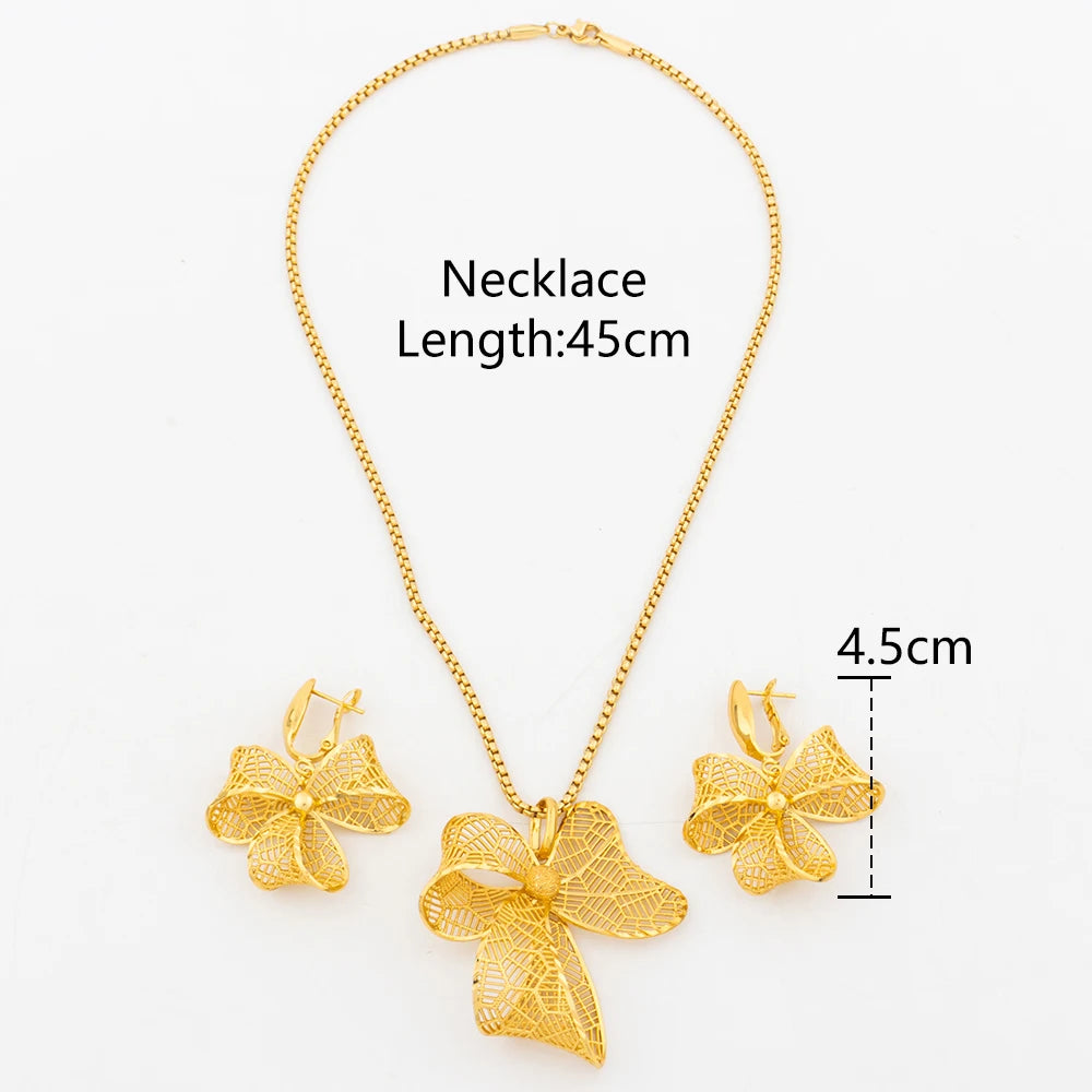Dubai Jewelry Set for Women 18k Gold Color Bow Tie Pendant Italian African Design Luxury Necklace Earrings Arab Bridal Jewelry