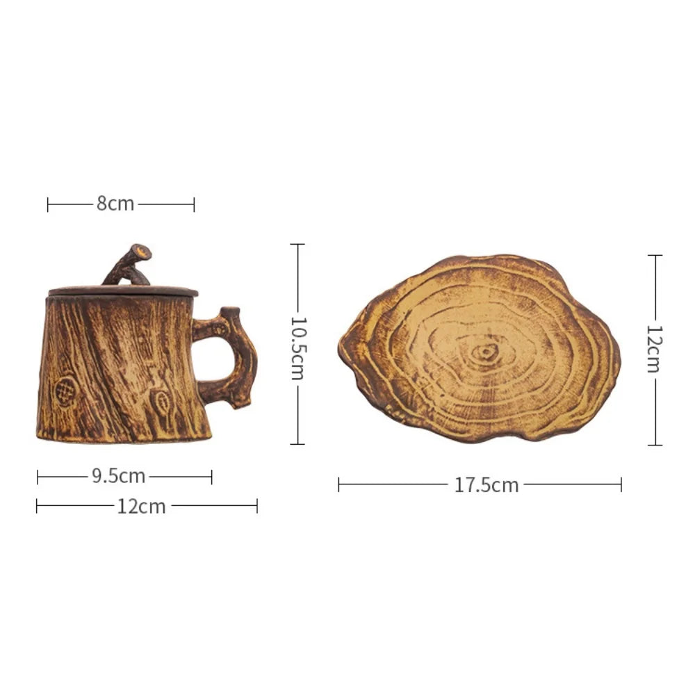 Mug Tree Stump Shape Coffee Cup Saucer And Spoon Set Ceramic Mug With Lid 255ML Reusable Drink Cup Set For Cold/Hot Drinks