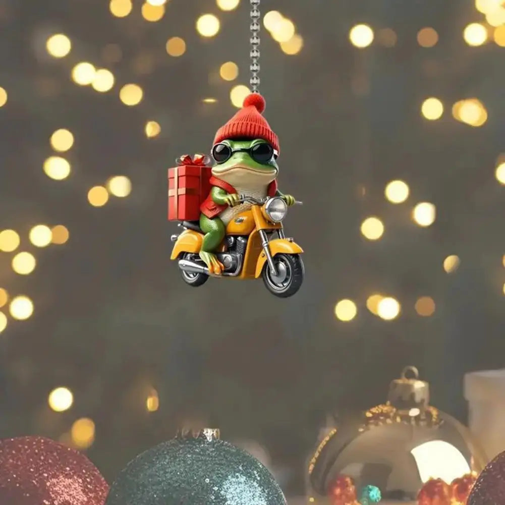 Frog Pendant Festive Christmas Frog Ornament Cartoon Frog Riding Motorcycle with Santa Hat Acrylic Xmas Tree Hanging for Window