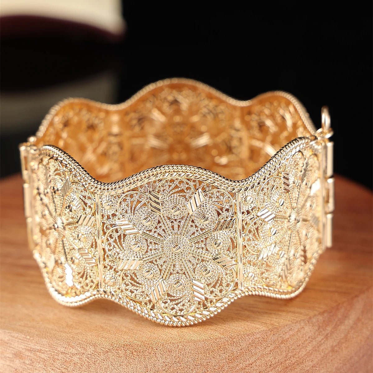 Algerian Jewelry Women Bangle Cuff Bracelets Flower Shape Hollow Bohemia Ethnic Wedding Bijoux Armlet Hand Jewelry
