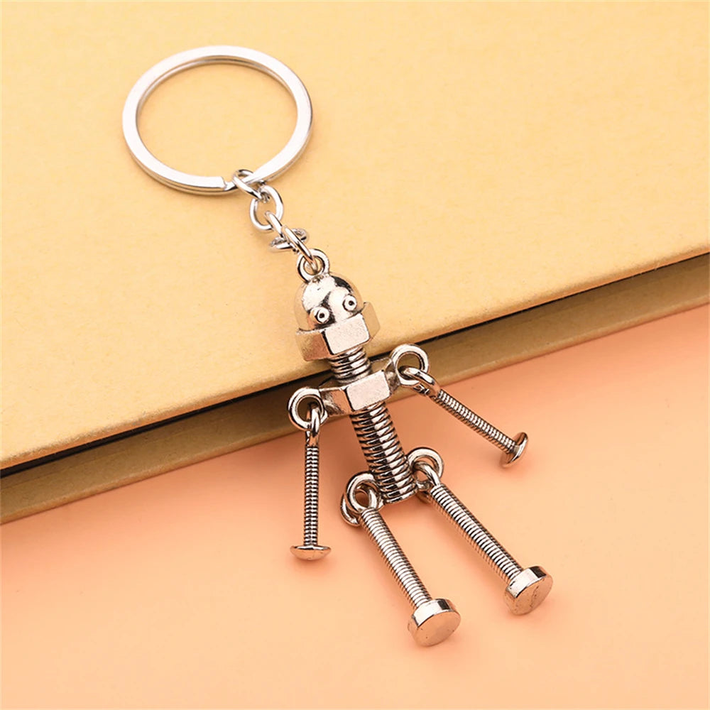Vintage Mechanical Screw Robot Keychain Creative Movable Joint Steampunk Robot Car Key Holder For Men Backpack Pendants
