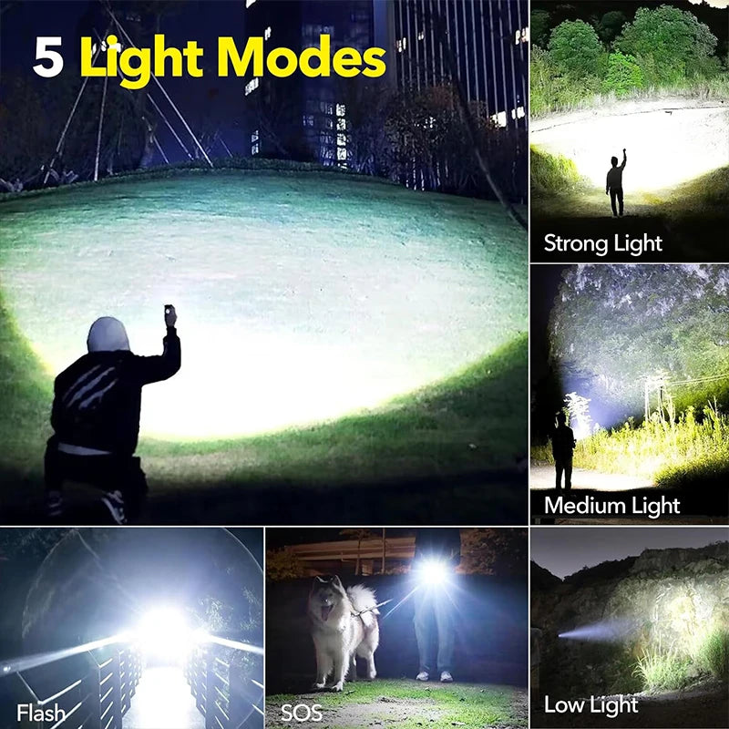 High Power Rechargeable LED Tactical Flashlight Aluminum Alloy Telescopic Zoom Torch Lamp for Outdoor Camping Fishing