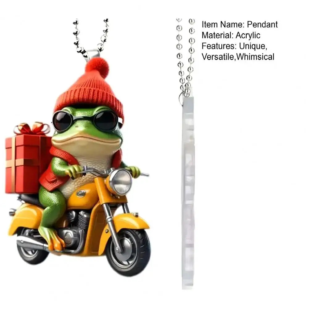 Frog Pendant Festive Christmas Frog Ornament Cartoon Frog Riding Motorcycle with Santa Hat Acrylic Xmas Tree Hanging for Window