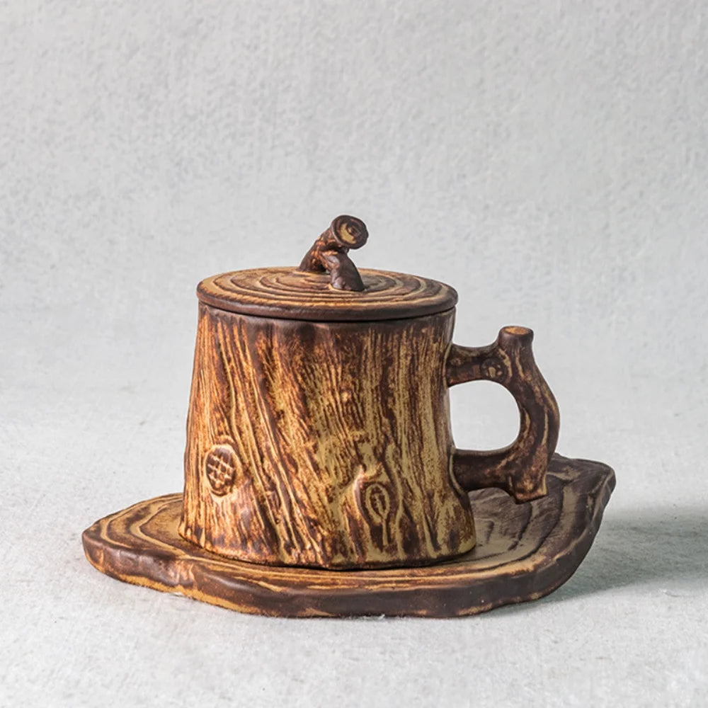 Mug Tree Stump Shape Coffee Cup Saucer And Spoon Set Ceramic Mug With Lid 255ML Reusable Drink Cup Set For Cold/Hot Drinks