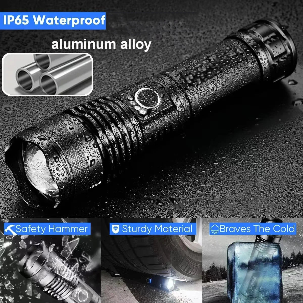 High Power Rechargeable LED Tactical Flashlight Aluminum Alloy Telescopic Zoom Torch Lamp for Outdoor Camping Fishing