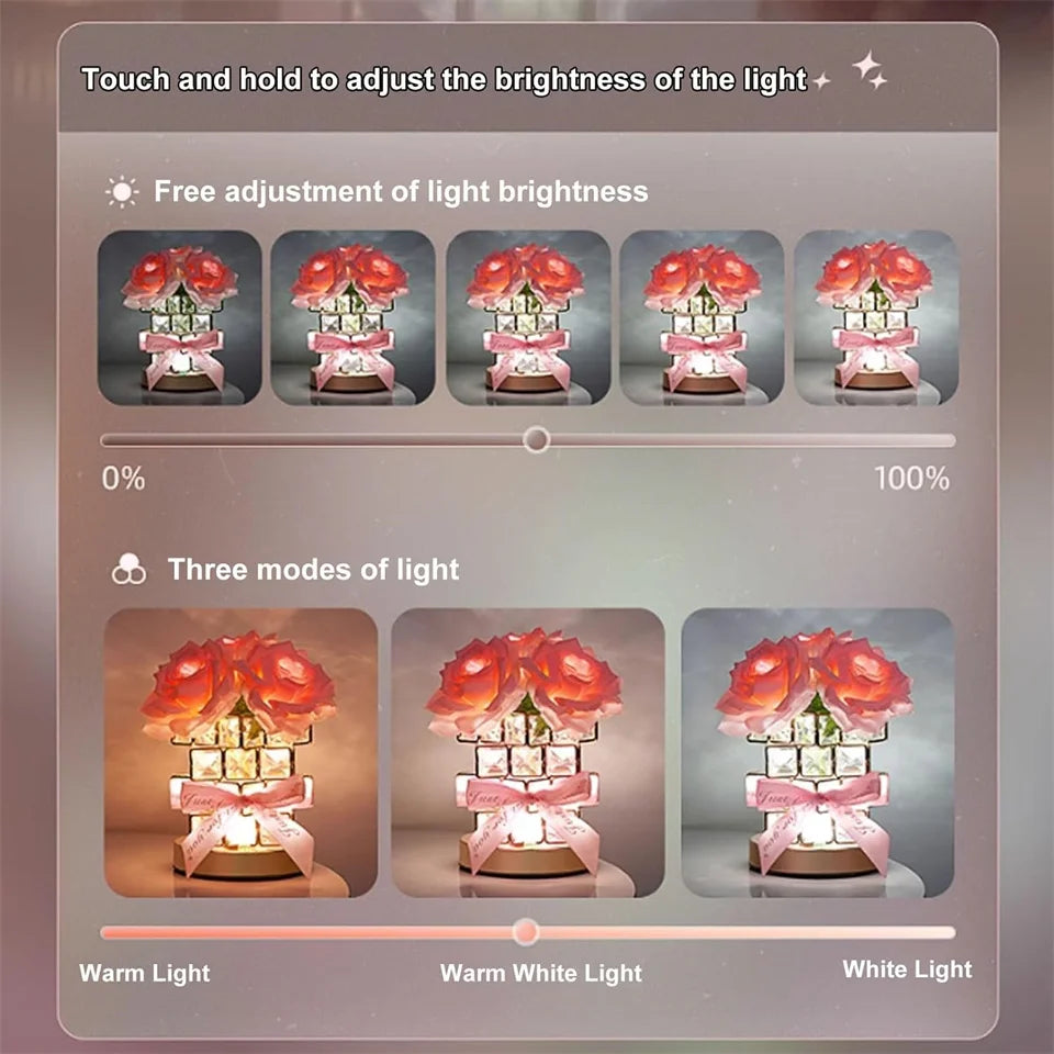 LED Crystal Rose Table Lamp 3 Colors Dimmable Magic Cube Rose Creative Atmosphere Lights Bedroom Bedside Decor Lighting Gift 