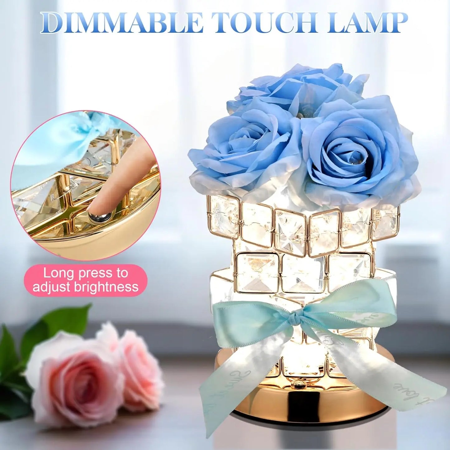 LED Crystal Rose Table Lamp 3 Colors Dimmable Magic Cube Rose Creative Atmosphere Lights Bedroom Bedside Decor Lighting Gift 