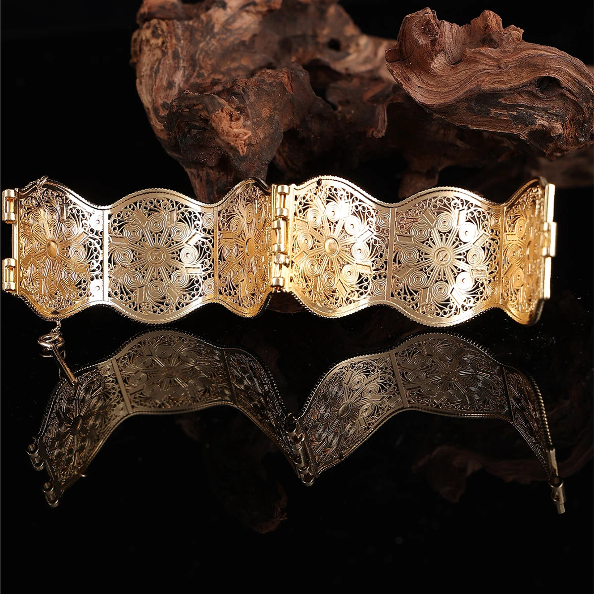 Algerian Jewelry Women Bangle Cuff Bracelets Flower Shape Hollow Bohemia Ethnic Wedding Bijoux Armlet Hand Jewelry