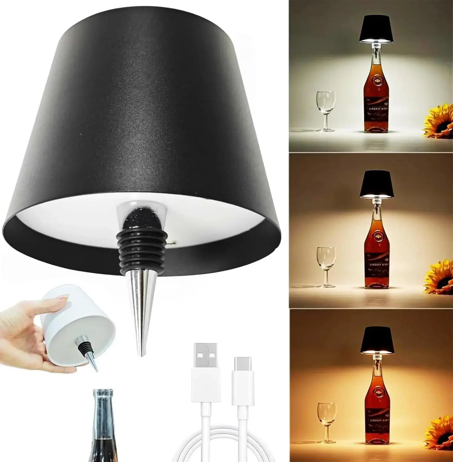 Lampe de table en forme de bouteille sans fil, commande tactile, 3 couleurs, gradation en continu, veilleuse adaptée au bar,