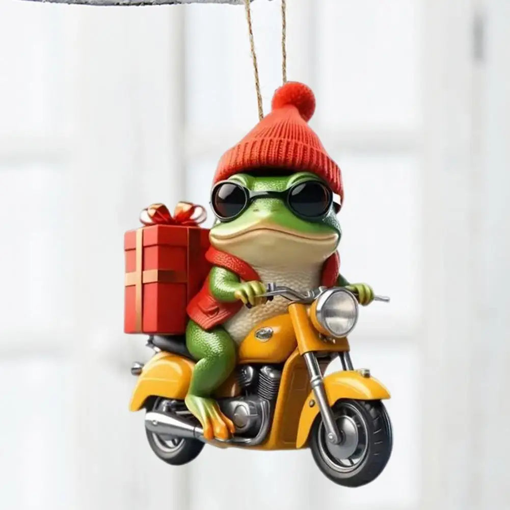 Frog Pendant Festive Christmas Frog Ornament Cartoon Frog Riding Motorcycle with Santa Hat Acrylic Xmas Tree Hanging for Window