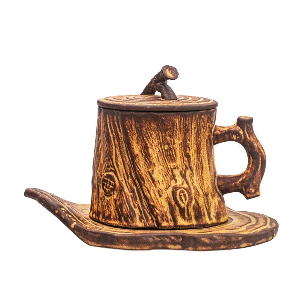 Mug Tree Stump Shape Coffee Cup Saucer And Spoon Set Ceramic Mug With Lid 255ML Reusable Drink Cup Set For Cold/Hot Drinks
