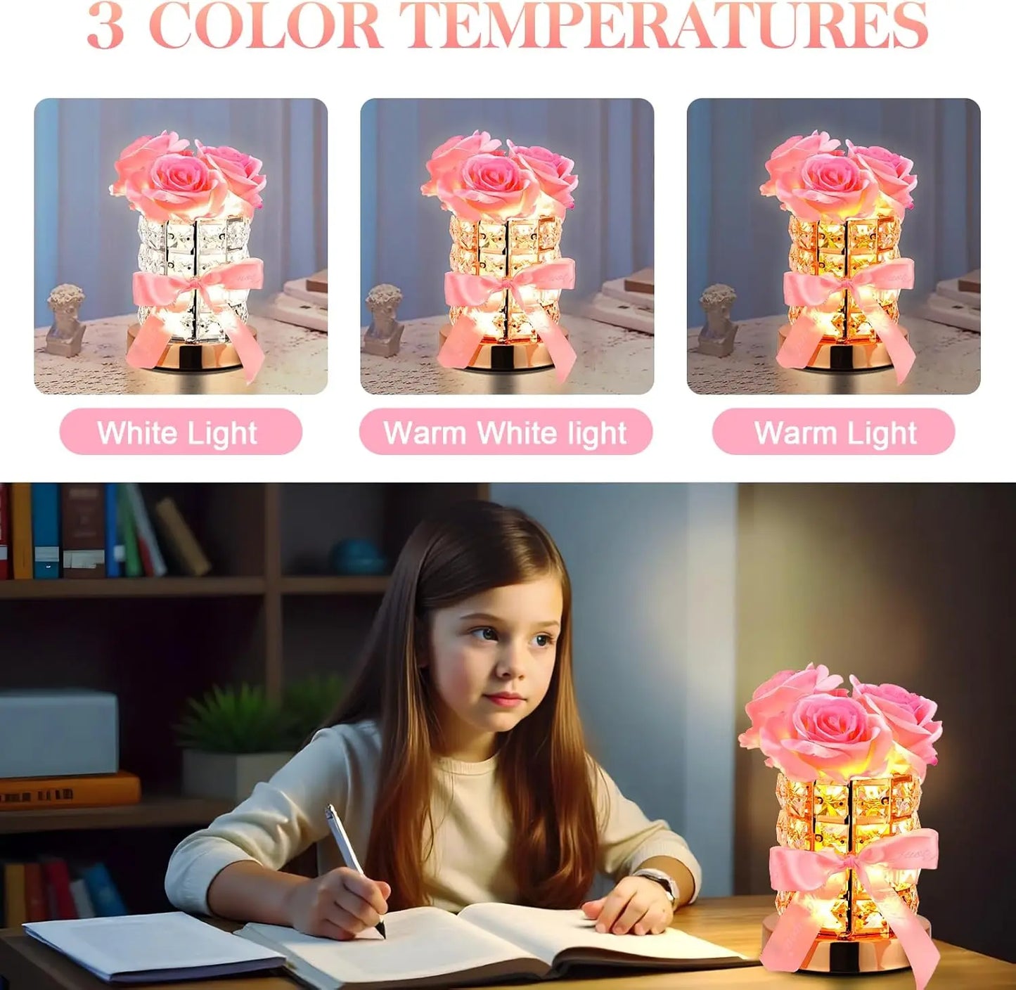 LED Crystal Rose Table Lamp 3 Colors Dimmable Magic Cube Rose Creative Atmosphere Lights Bedroom Bedside Decor Lighting Gift 