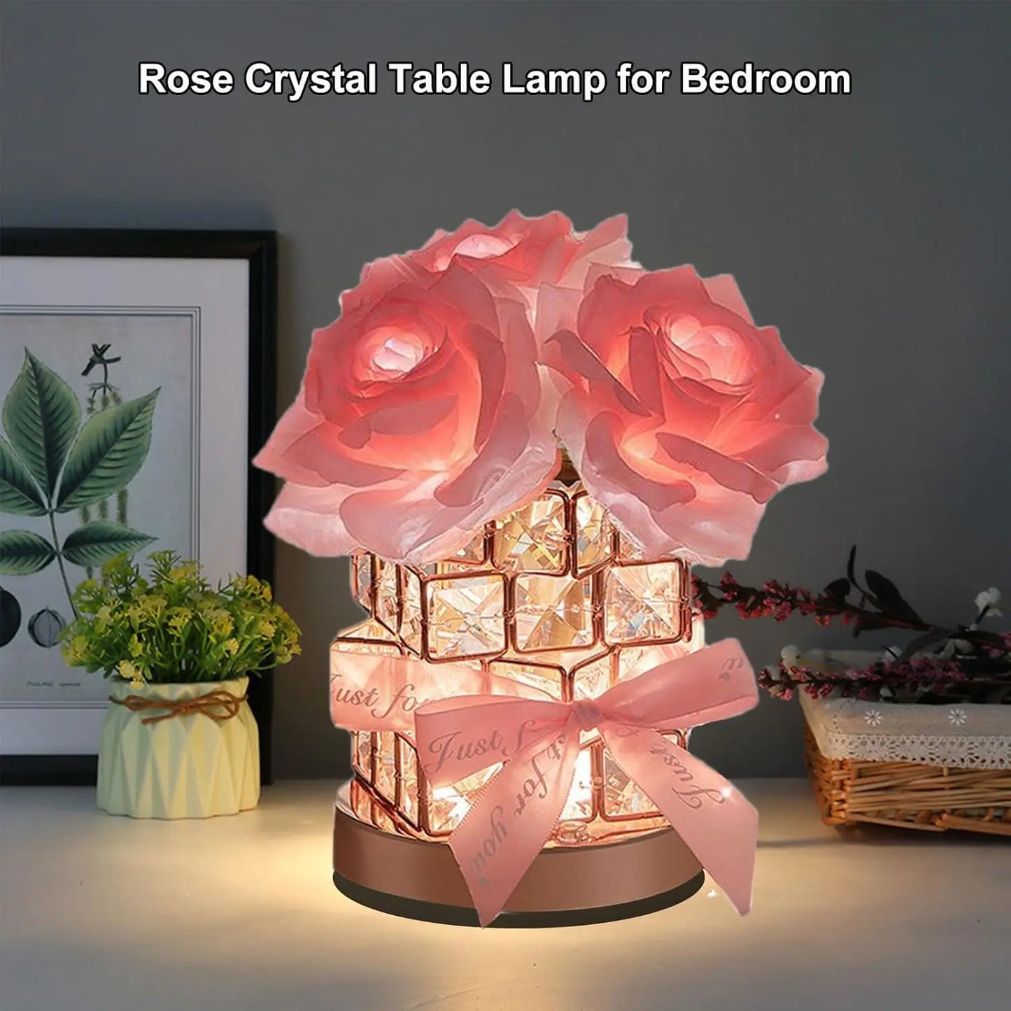 LED Crystal Rose Table Lamp 3 Colors Dimmable Magic Cube Rose Creative Atmosphere Lights Bedroom Bedside Decor Lighting Gift 