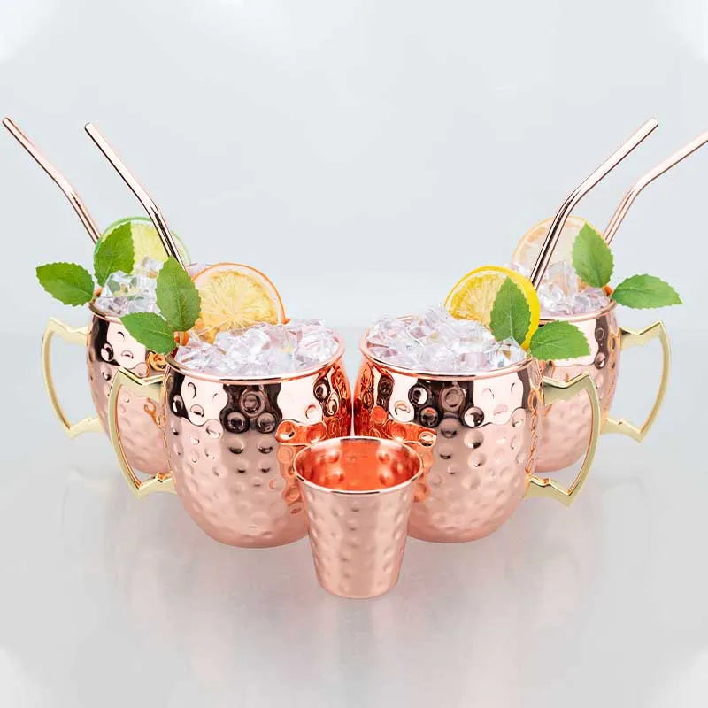 Moscow Mule Mug Set with Straw Copper Plated Hammered 350ml - 304 Stainless Steel Mini Cups with Gift Box for Bar and Home