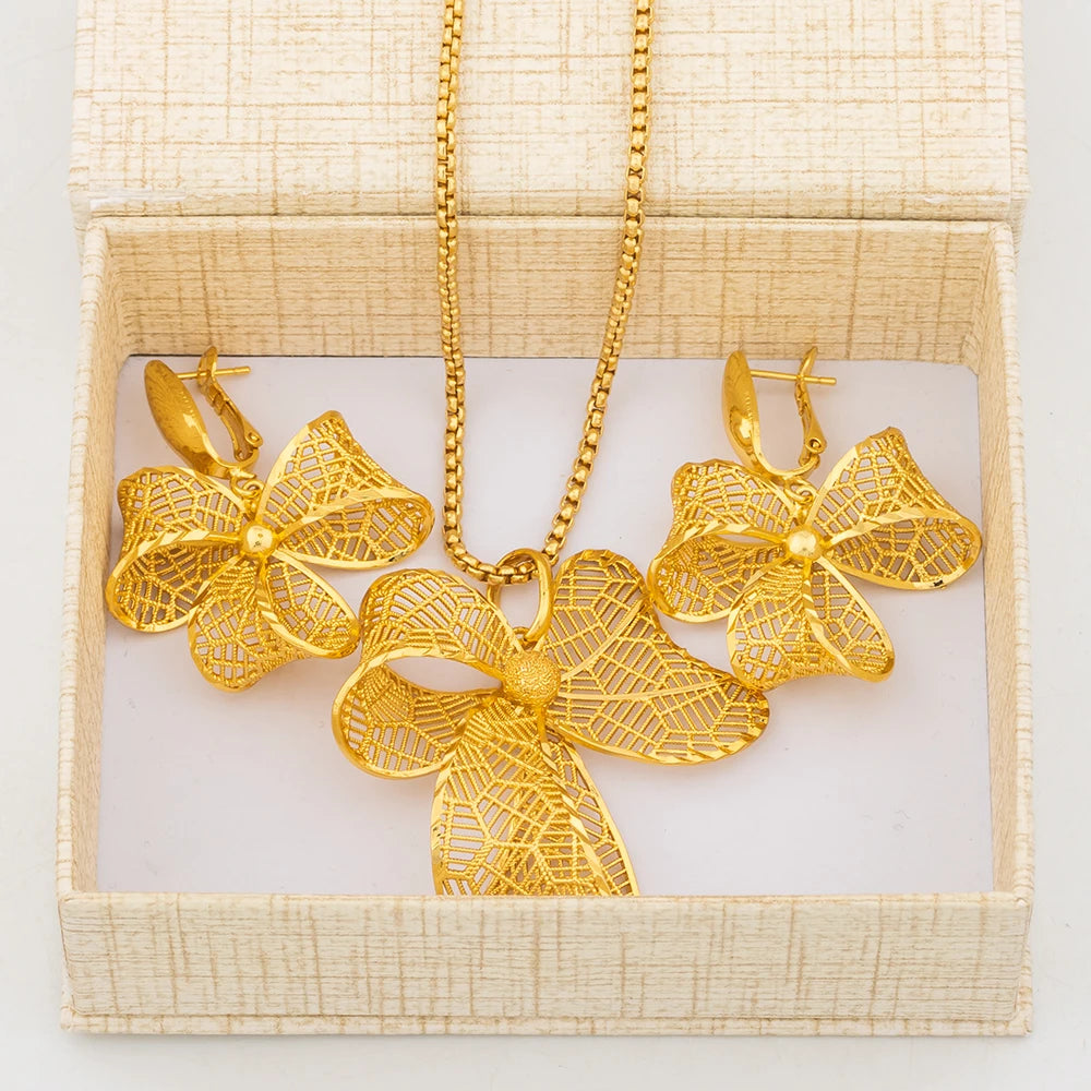 Dubai Jewelry Set for Women 18k Gold Color Bow Tie Pendant Italian African Design Luxury Necklace Earrings Arab Bridal Jewelry