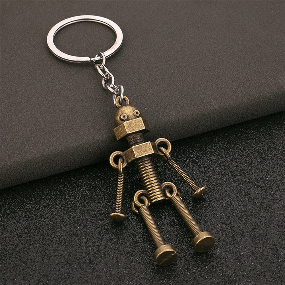 Vintage Mechanical Screw Robot Keychain Creative Movable Joint Steampunk Robot Car Key Holder For Men Backpack Pendants