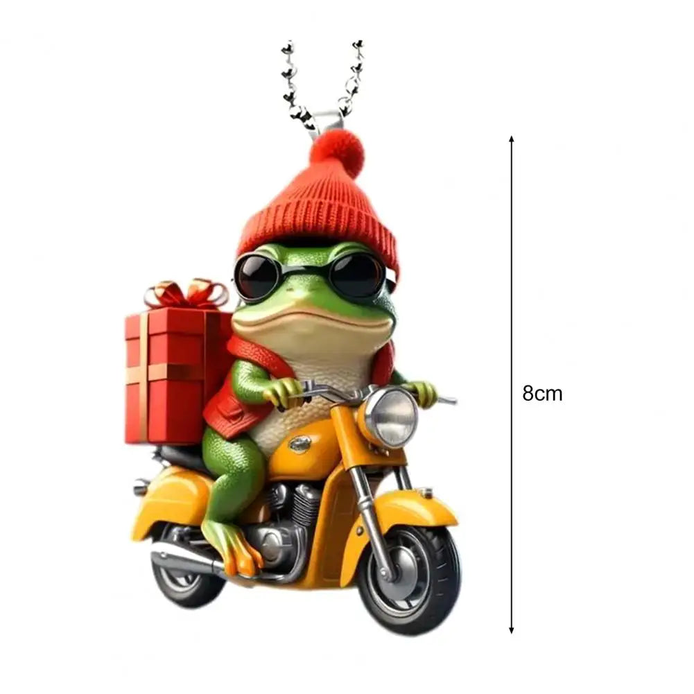 Frog Pendant Festive Christmas Frog Ornament Cartoon Frog Riding Motorcycle with Santa Hat Acrylic Xmas Tree Hanging for Window
