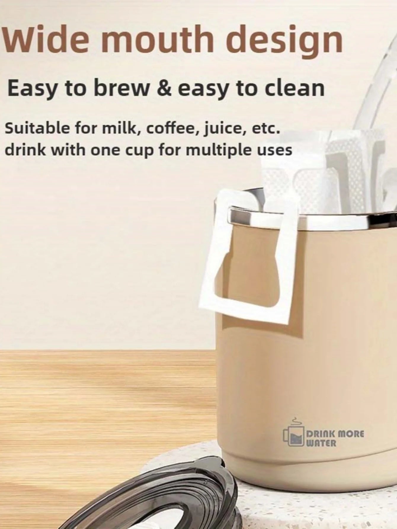 Stainless steel mug with lid, large-capacity office cup, brewed drinking cup, household coffee cup for men and women.