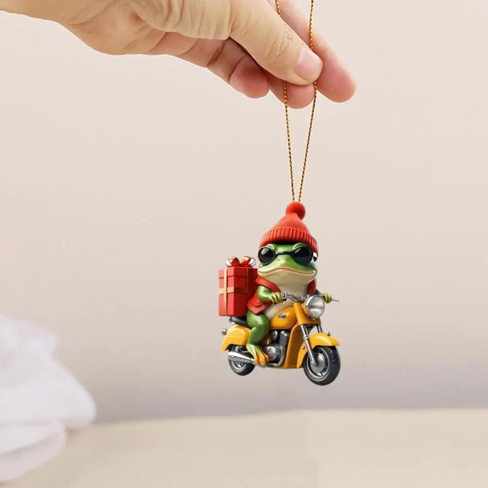 Frog Pendant Festive Christmas Frog Ornament Cartoon Frog Riding Motorcycle with Santa Hat Acrylic Xmas Tree Hanging for Window
