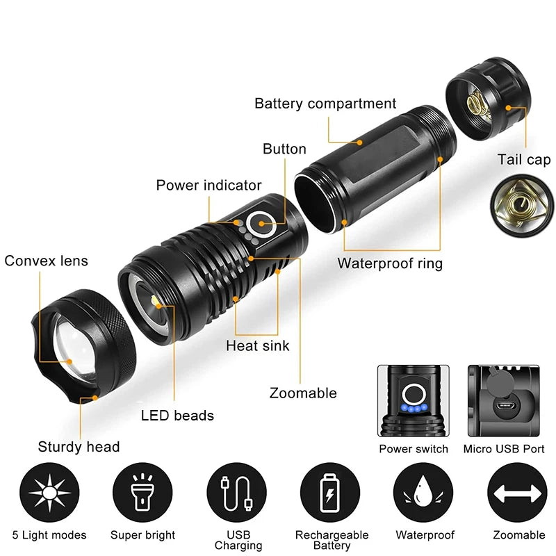 High Power Rechargeable LED Tactical Flashlight Aluminum Alloy Telescopic Zoom Torch Lamp for Outdoor Camping Fishing
