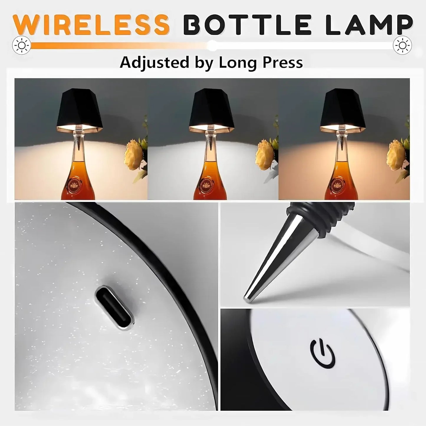 Lampe de table en forme de bouteille sans fil, commande tactile, 3 couleurs, gradation en continu, veilleuse adaptée au bar,