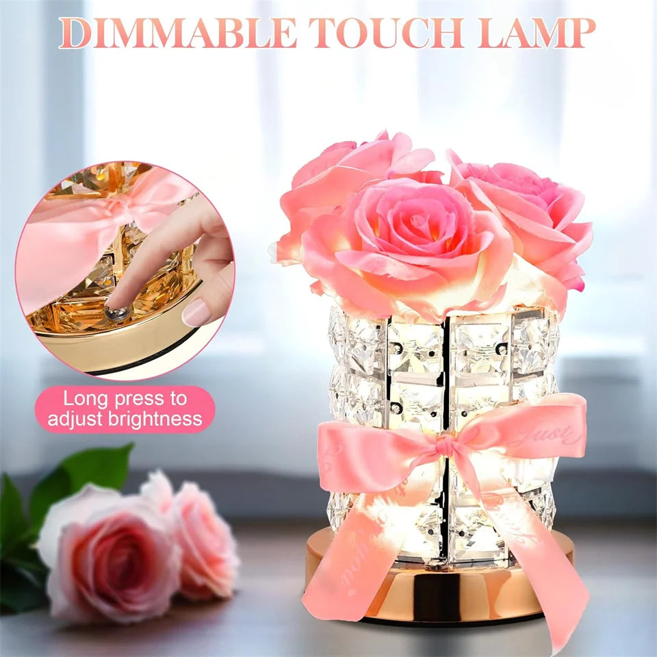 LED Crystal Rose Table Lamp 3 Colors Dimmable Magic Cube Rose Creative Atmosphere Lights Bedroom Bedside Decor Lighting Gift 