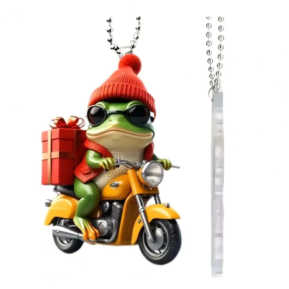 Frog Pendant Festive Christmas Frog Ornament Cartoon Frog Riding Motorcycle with Santa Hat Acrylic Xmas Tree Hanging for Window