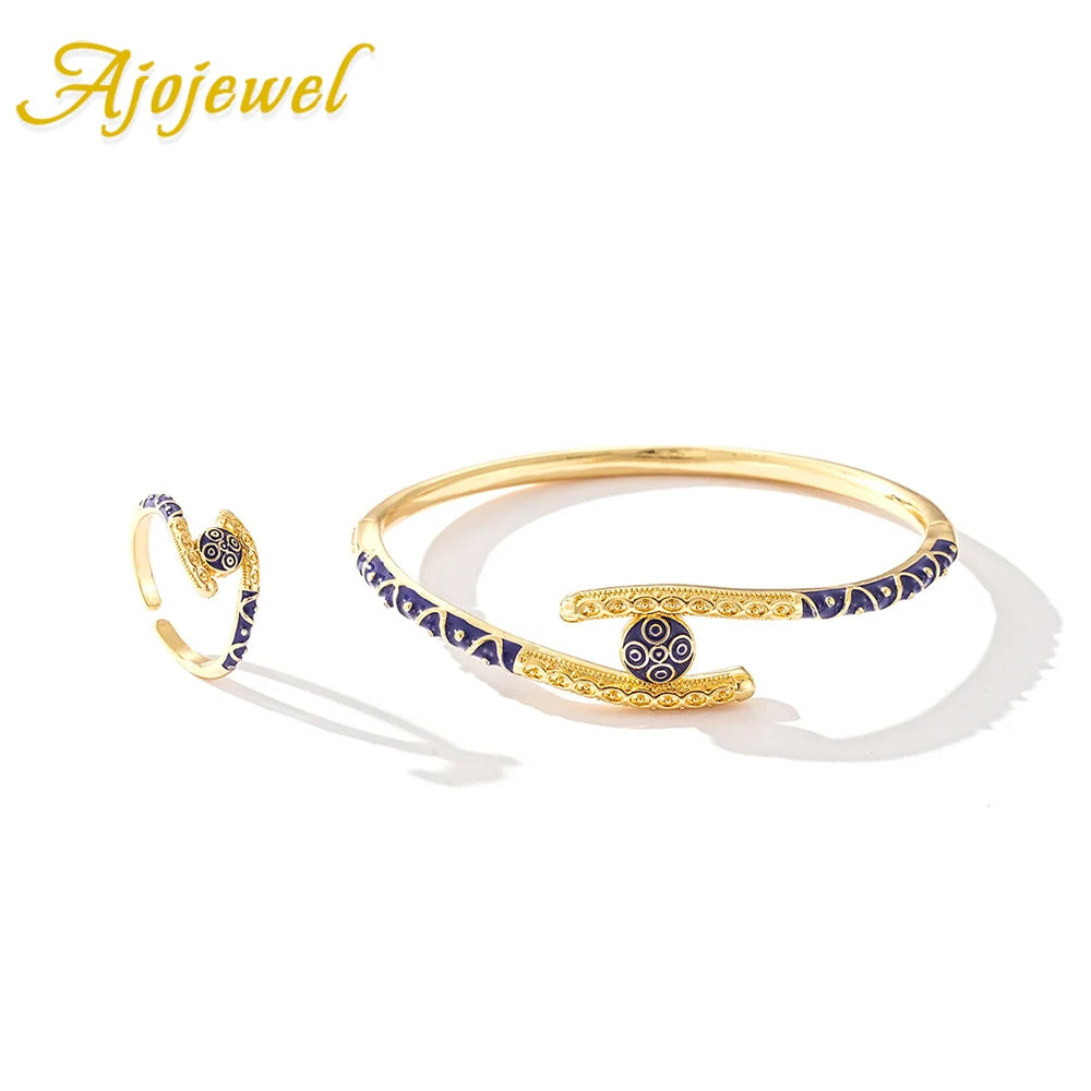 Ajojewel Golden Dubai Bride Jewelry Set Blue Enamel Bangle Ring Adjustable Bangles For Woman 2024