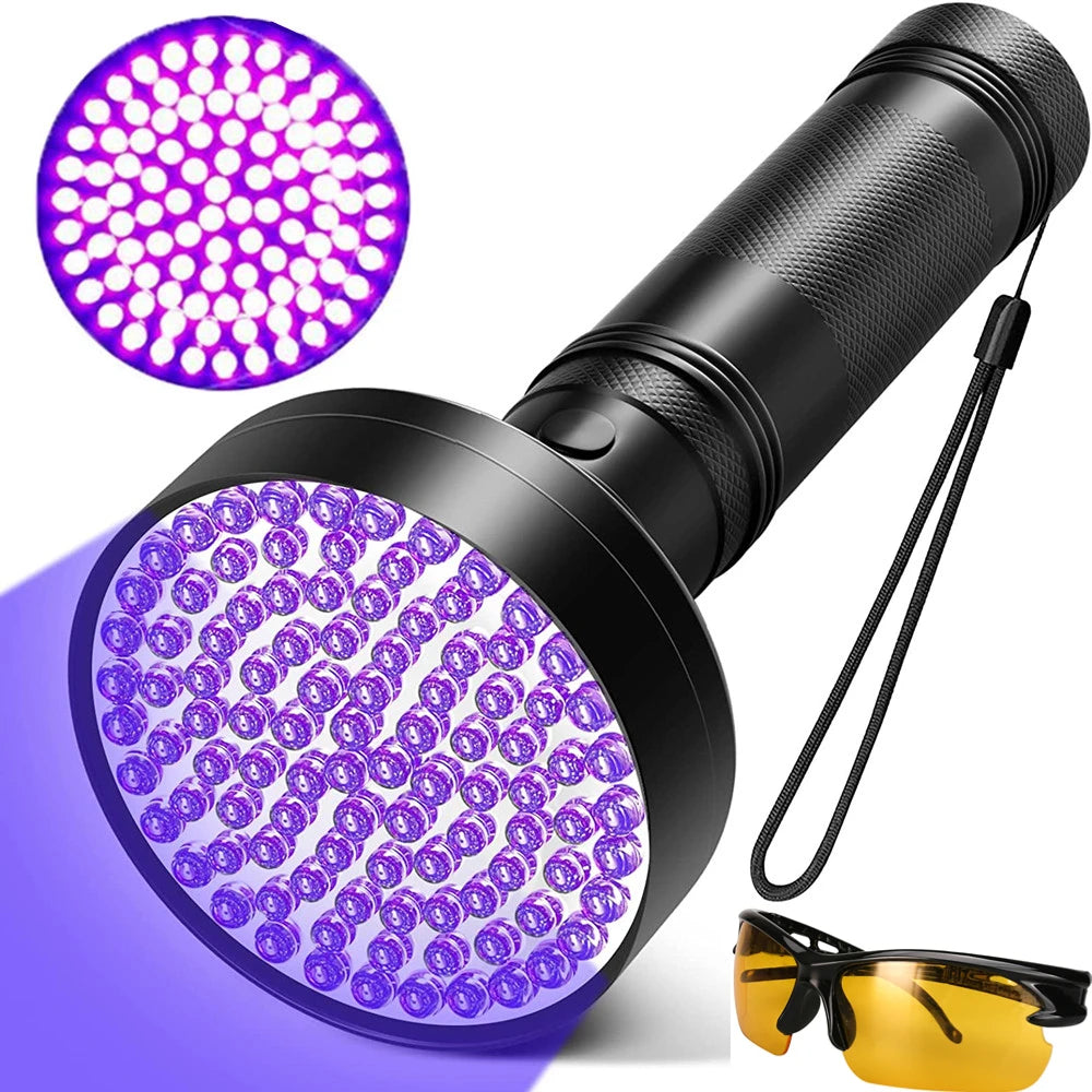UV Flashlight 100LEDs LGUIY UV Light Torch Lamp 395nm Ultraviolet Blacklight Pet Dog Cat Bug Detector with UV Protection Glasses