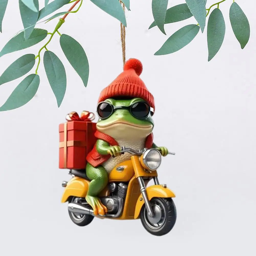Frog Pendant Festive Christmas Frog Ornament Cartoon Frog Riding Motorcycle with Santa Hat Acrylic Xmas Tree Hanging for Window