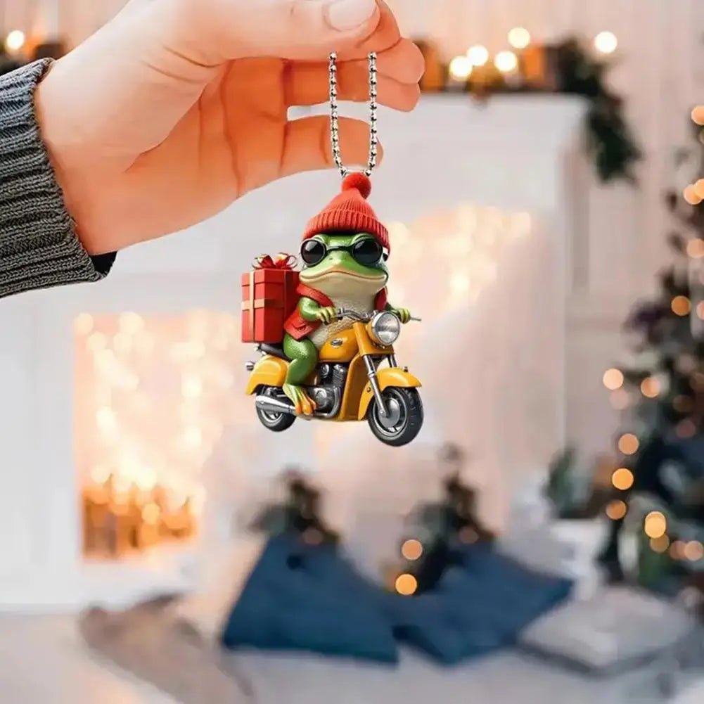 Frog Pendant Festive Christmas Frog Ornament Cartoon Frog Riding Motorcycle with Santa Hat Acrylic Xmas Tree Hanging for Window
