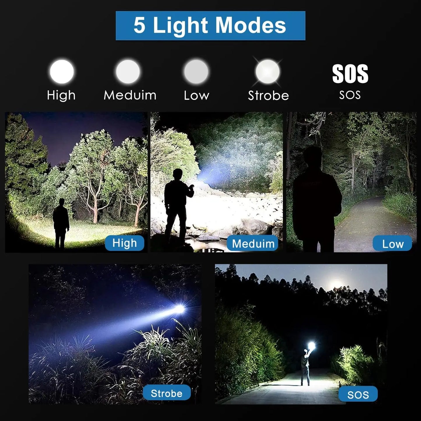 High Power Rechargeable LED Tactical Flashlight Aluminum Alloy Telescopic Zoom Torch Lamp for Outdoor Camping Fishing