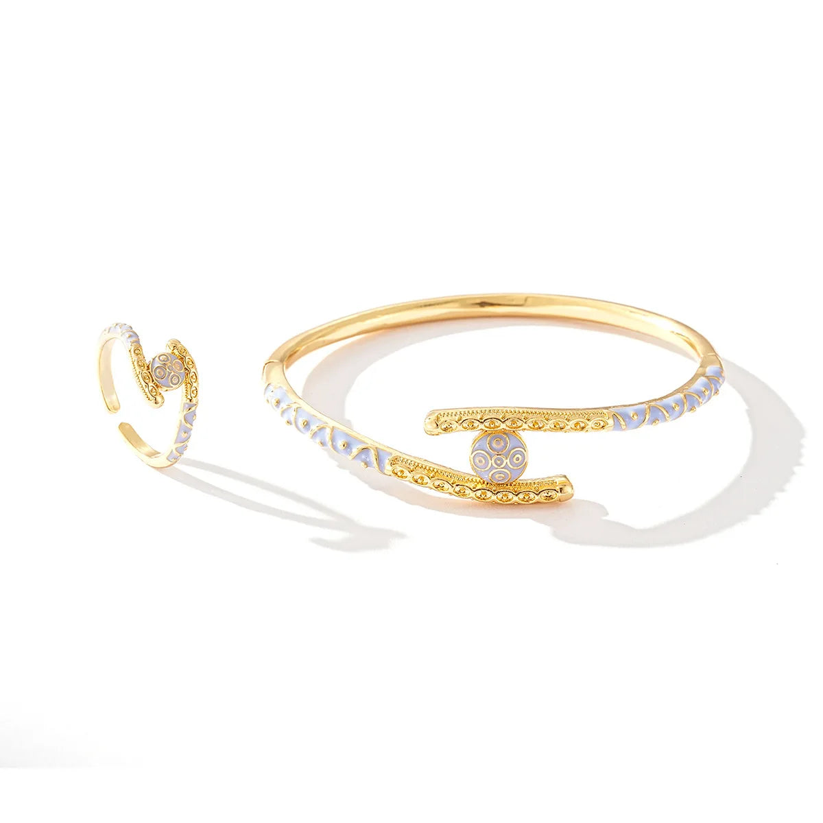 Ajojewel Golden Dubai Bride Jewelry Set Blue Enamel Bangle Ring Adjustable Bangles For Woman 2024