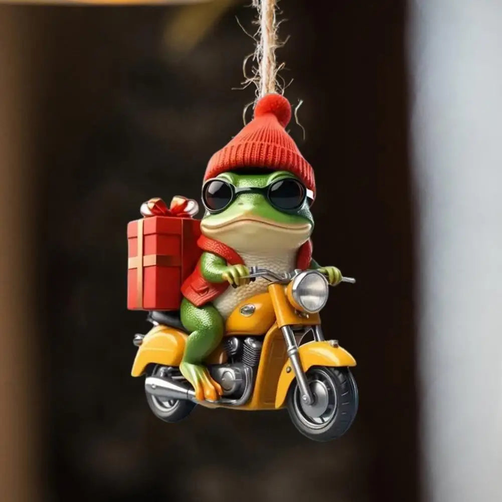 Frog Pendant Festive Christmas Frog Ornament Cartoon Frog Riding Motorcycle with Santa Hat Acrylic Xmas Tree Hanging for Window