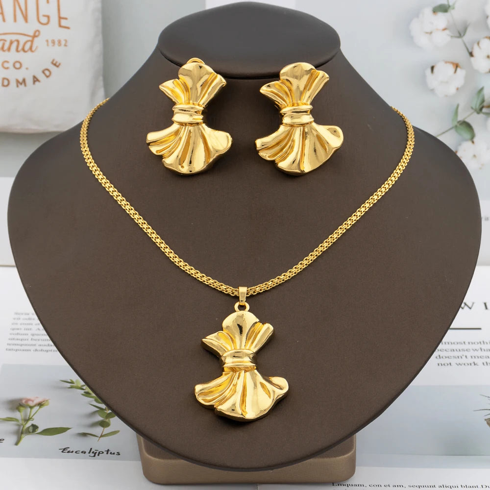 Dubai Jewelry Set for Women 18k Gold Color Bow Tie Pendant Italian African Design Luxury Necklace Earrings Arab Bridal Jewelry