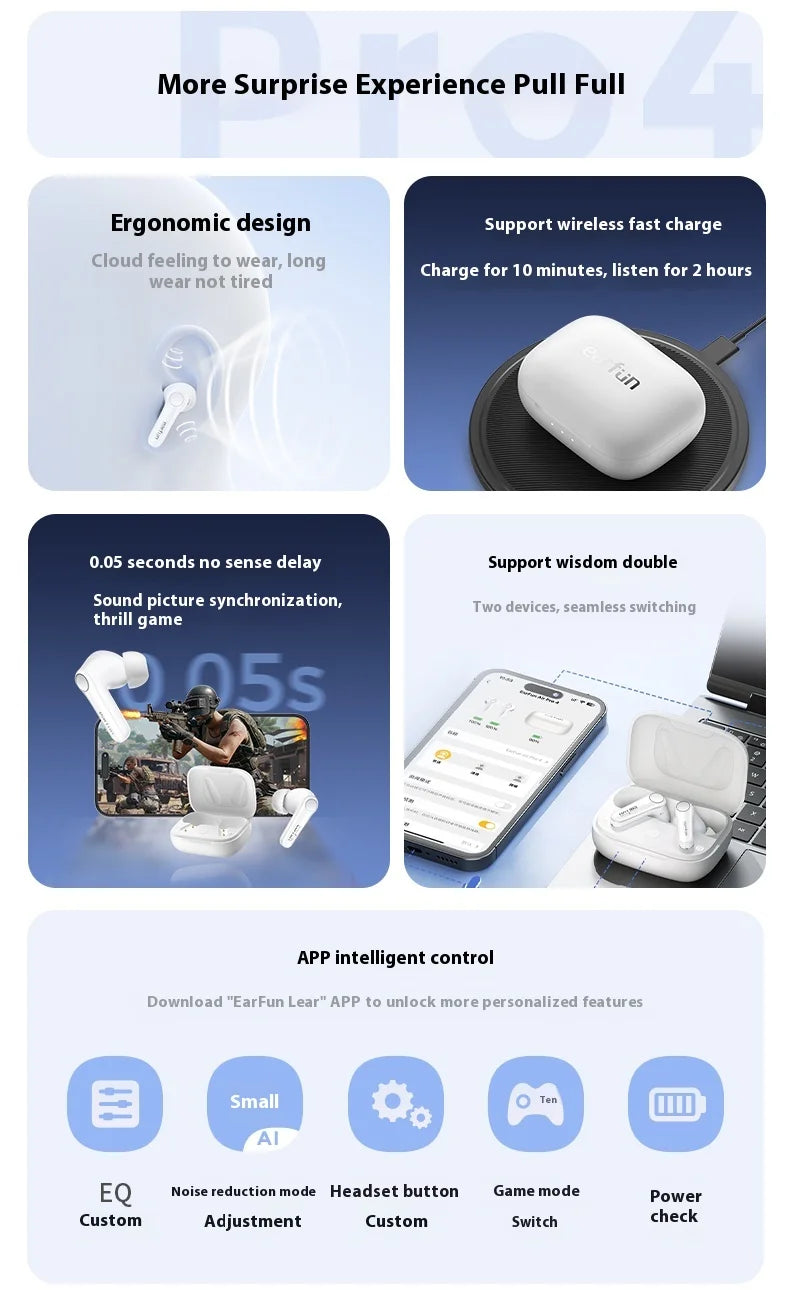 EarFun Air Pro 4 Wireless Earphone HI-FI Bluetooth5.4 Earphones Active Noise Reduction IPX5 Waterproof E-sports PC Gamer Earbuds