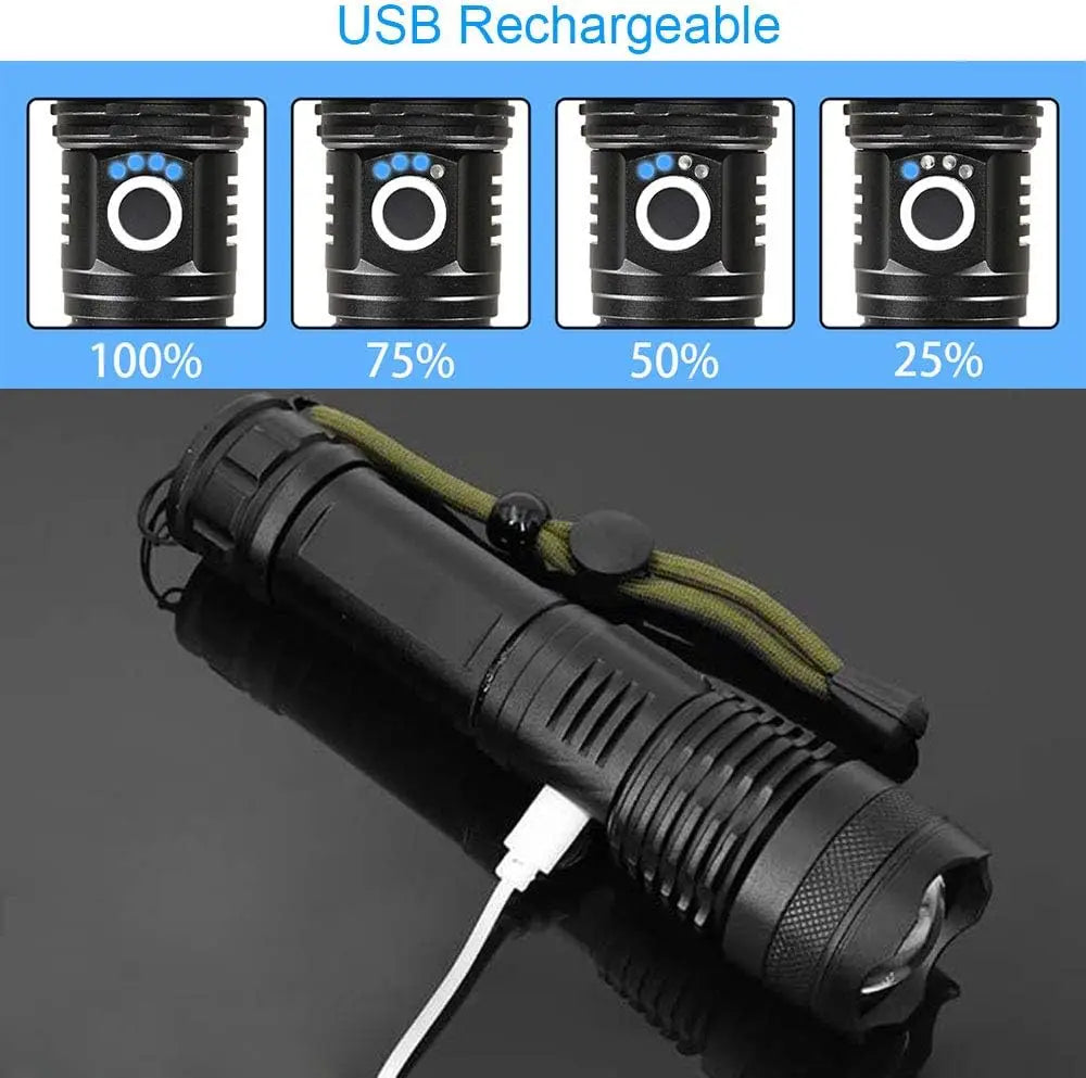 High Power Rechargeable LED Tactical Flashlight Aluminum Alloy Telescopic Zoom Torch Lamp for Outdoor Camping Fishing