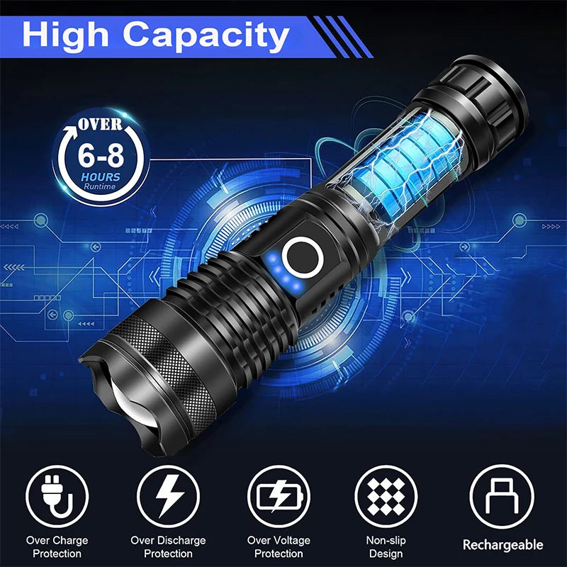 High Power Rechargeable LED Tactical Flashlight Aluminum Alloy Telescopic Zoom Torch Lamp for Outdoor Camping Fishing