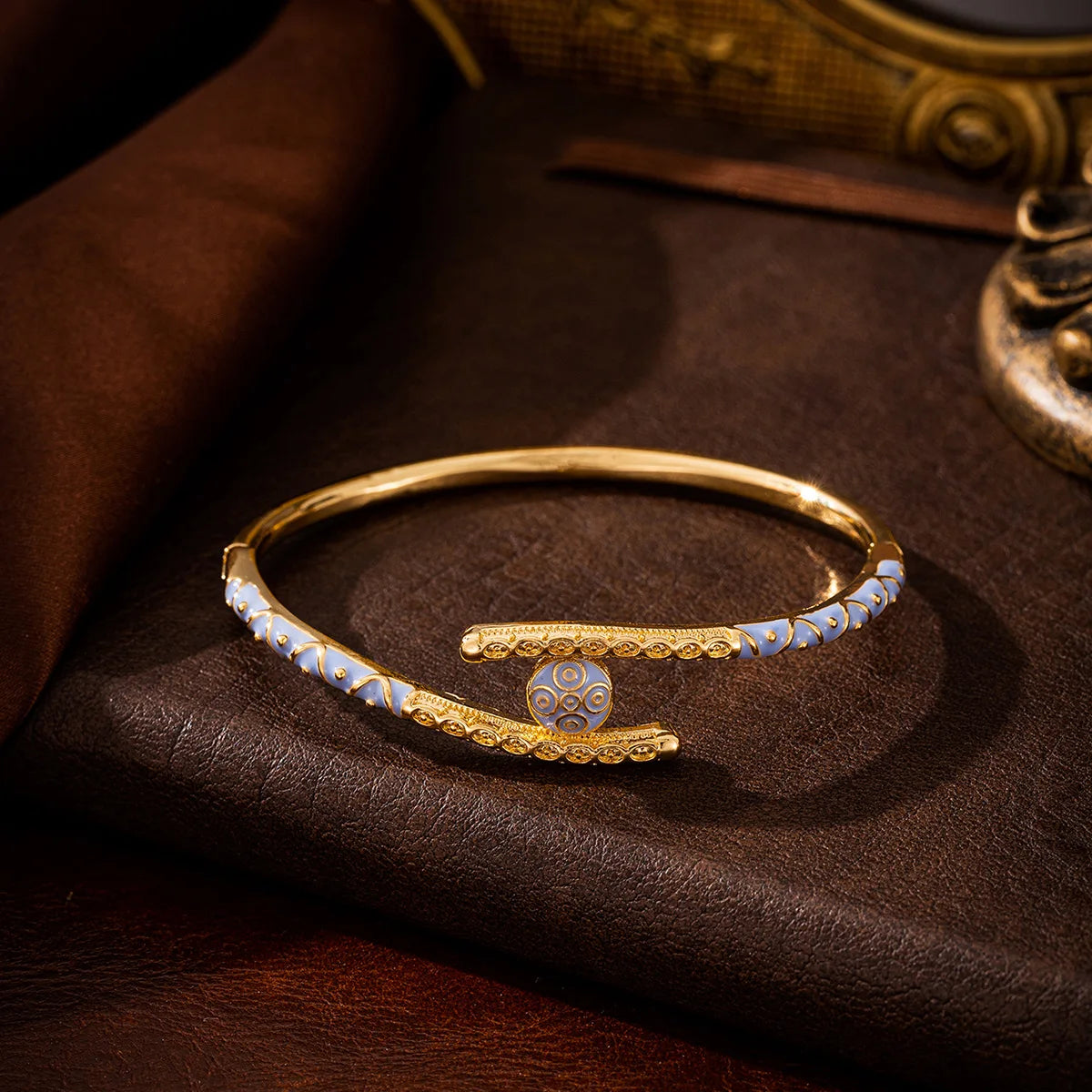 Ajojewel Golden Dubai Bride Jewelry Set Blue Enamel Bangle Ring Adjustable Bangles For Woman 2024
