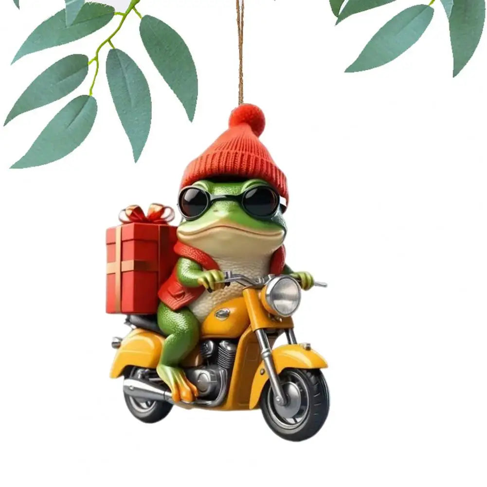 Frog Pendant Festive Christmas Frog Ornament Cartoon Frog Riding Motorcycle with Santa Hat Acrylic Xmas Tree Hanging for Window