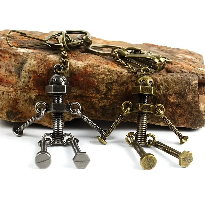 Vintage Mechanical Screw Robot Keychain Creative Movable Joint Steampunk Robot Car Key Holder For Men Backpack Pendants