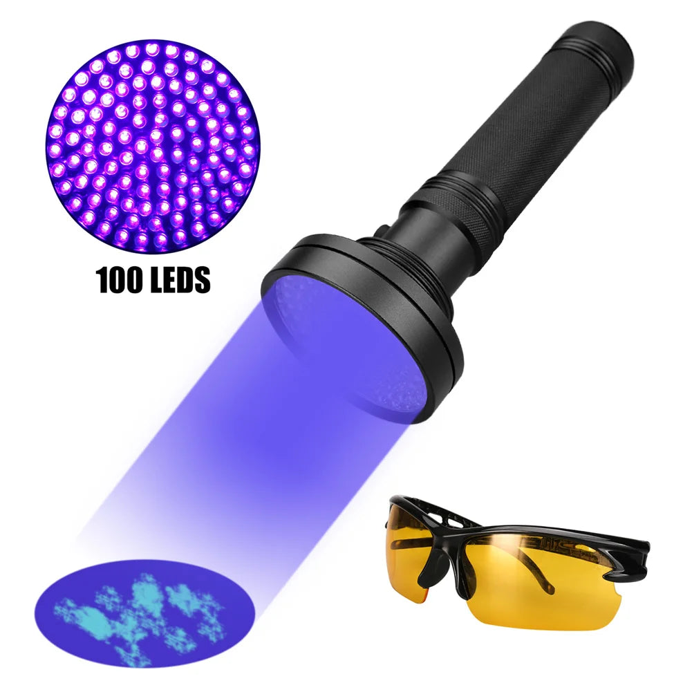 UV Flashlight 100LEDs LGUIY UV Light Torch Lamp 395nm Ultraviolet Blacklight Pet Dog Cat Bug Detector with UV Protection Glasses
