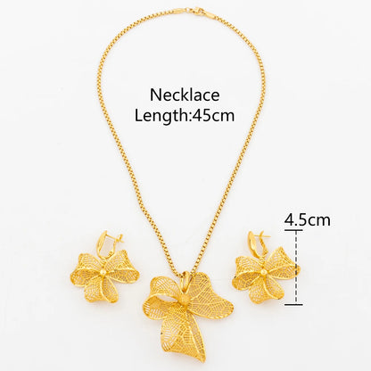 Dubai Jewelry Set for Women 18k Gold Color Bow Tie Pendant Italian African Design Luxury Necklace Earrings Arab Bridal Jewelry