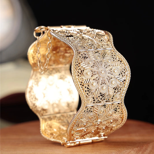 Algerian Jewelry Women Bangle Cuff Bracelets Flower Shape Hollow Bohemia Ethnic Wedding Bijoux Armlet Hand Jewelry
