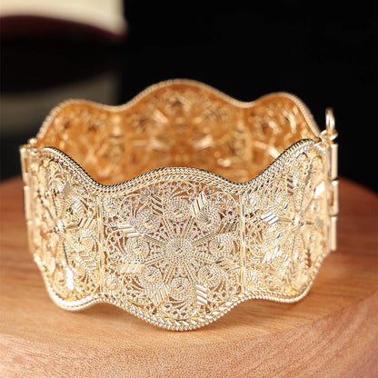 Algerian Jewelry Women Bangle Cuff Bracelets Flower Shape Hollow Bohemia Ethnic Wedding Bijoux Armlet Hand Jewelry