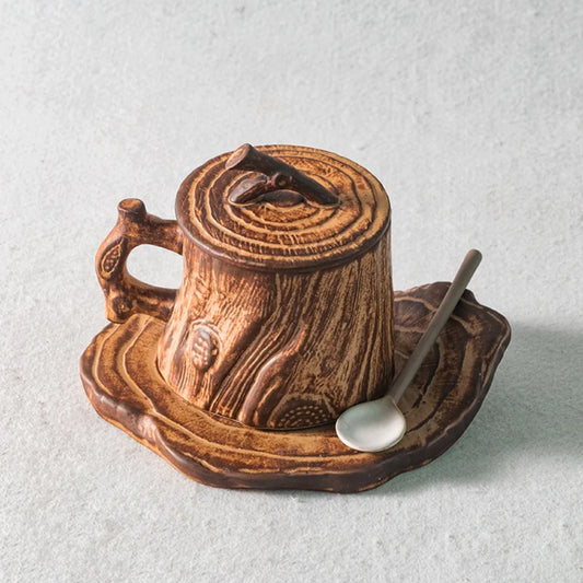 Mug Tree Stump Shape Coffee Cup Saucer And Spoon Set Ceramic Mug With Lid 255ML Reusable Drink Cup Set For Cold/Hot Drinks