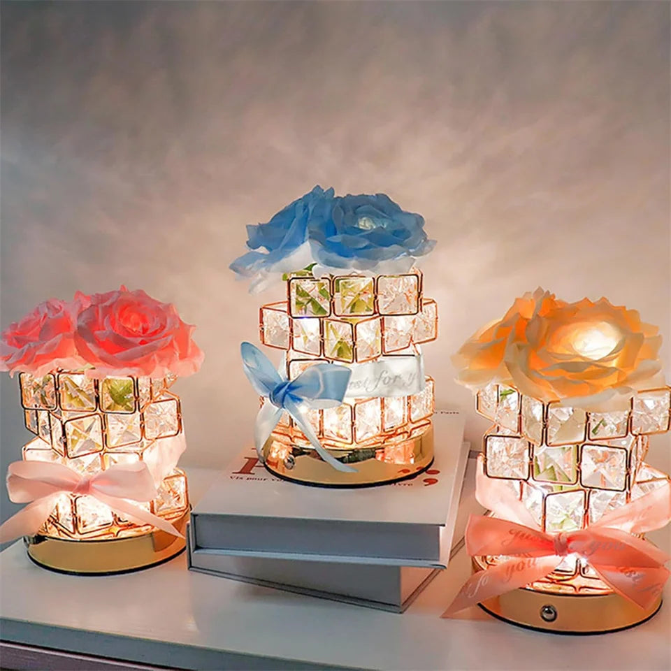 LED Crystal Rose Table Lamp 3 Colors Dimmable Magic Cube Rose Creative  Atmosphere Lights Bedroom Bedside Decor Lighting Gift ﻿