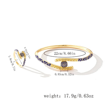 Ajojewel Golden Dubai Bride Jewelry Set Blue Enamel Bangle Ring Adjustable Bangles For Woman 2024