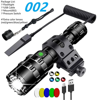 LED Tactical Hunting Torch Flashlight L2 18650 Aluminum Waterproof Outdoor Lighting with Gun Mount +Switch USB Rechargeable Lamp