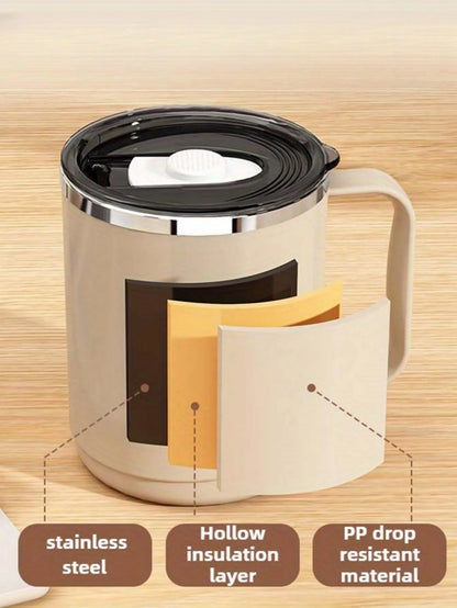 Stainless steel mug with lid, large-capacity office cup, brewed drinking cup, household coffee cup for men and women.